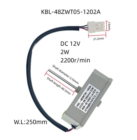 Refrigerator Evaporator Fan Motor Replacement for Omar and Magic Chef and Frigidaire FFET Series Models DC 12V 2W 2200 Rpm Easy Install Plug and Play High Performance Cooling Part with dimensions shown