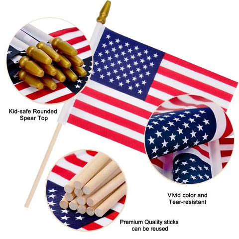 12 Pack 8x12 Inch Handheld American Flags On Wooden Sticks With Kid Safe Spear Top, Durable Polyester, Fade Resistant for Patriotic Events