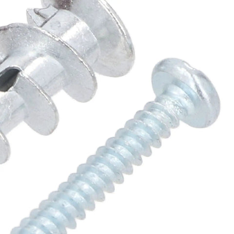 Heavy Duty Hollow Metal Wall Anchors And Drywall Screws Kit Self Drilling Drywall Anchors With No Pre Drill Needed 8 x 1-1/4 Inch Zinc Alloy Screws Fits Three Eighths To Five Eighths Inch Drywall 50 Piece Set, close-up of zinc alloy anchors and screw