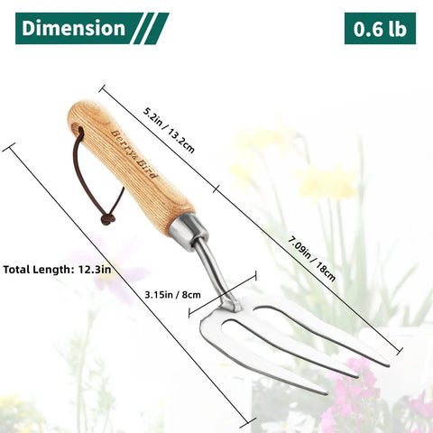 Stainless Steel Hand Fork For Weeding And Planting, Traditional Garden Tool With Ergonomic Ash Wood Handle, Handy And Durable Weeding Fork For Digging And Cultivating, Potting In Beds, Pots, And Raised Garden Beds, with dimensions shown.