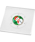 Slick Square Acrylic Cookie Decorating Turntable With Anti Slip Silicone Mat Easy Peasy Setup Kitchen Gamechanger Crystal Clear Lazy Susan Platter For Frosting Cupcakes with decorated snowman cookie.