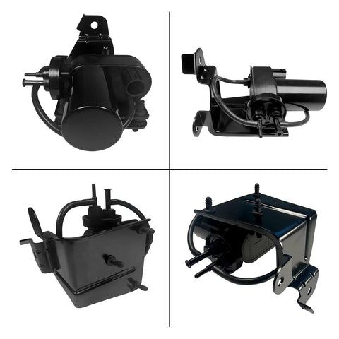 Four-angle view of a 12V black automotive vacuum pump with mounting bracket and hoses