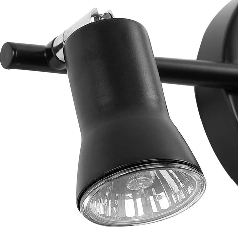 Close-up of black spotlight on Industrial Track Lighting Kit with Adjustable 3-light Brass Lamp Holders.