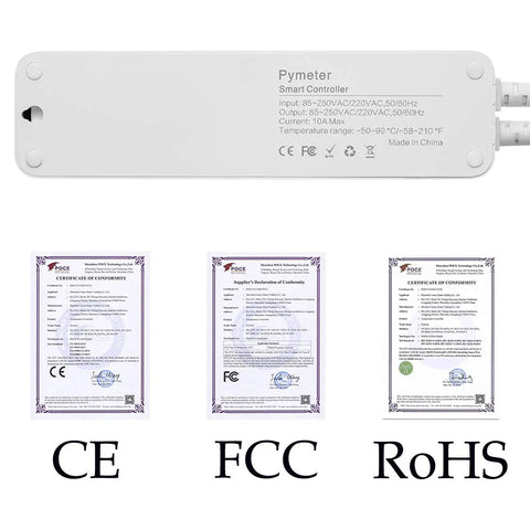 Back view of All In One Temperature And Humidity Controller For Reptile Enclosures And Mushroom Greenhouse Pre Wired Dual Outlet Thermostat For Heaters Fridges Humidifiers And Dehumidifiers with certification documents