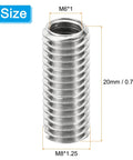 Stainless steel threaded reducer sleeve, M8x1.25 male to M6x1 female, 20mm long