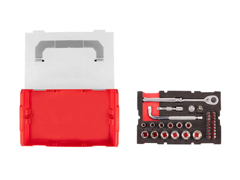 Three Eighths Inch Drive Six Point Socket Set With Ratchet And Bits In A Mini Stacking Box Grab And Go Thirty Five Piece Includes Eight To Nineteen Millimeter Sockets, Extensions, Magnetic Hex Bit Holder, Ninety Tooth Quick Release Ratchet, Wobble L.