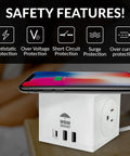 Smart Wall Mount 3 In 1 Power Strip With Wireless Charging Pad offers reliable surge protection, dual AC outlets, and USB ports.