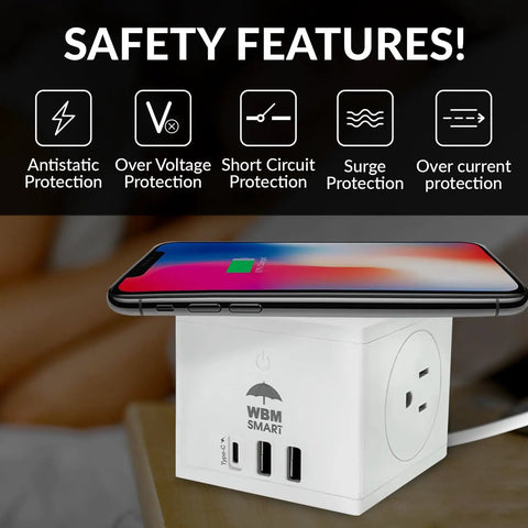 Smart Wall Mount 3 In 1 Power Strip With Wireless Charging Pad offers reliable surge protection, dual AC outlets, and USB ports.