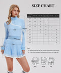Model wearing Women 2 Piece Golf And Tennis Skirt Set Half Zip Long Sleeve Pullover Top With Pleated Tennis Skirt With Shorts size chart