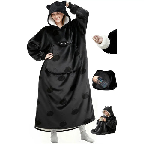 Wearable Blanket Hoodie For Adults With Flannel And Sherpa Lining, Extra Long Knee Length, Giant Pocket, Cozy AF Hoodie Blanket wearing woman