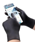 Black Vinyl Gloves Small 50 Pack 3 Mil Powder Free Latex Free Disposable Exam Gloves For Food Service Kitchen Cleaning holding phone