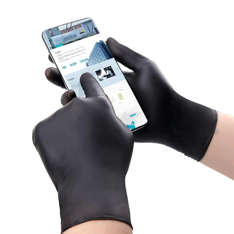 Black Vinyl Gloves Small 50 Pack 3 Mil Powder Free Latex Free Disposable Exam Gloves For Food Service Kitchen Cleaning holding phone