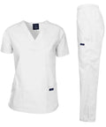 Unisex Medical Scrub Set Featuring V-Neck Top And Straight Leg Pants In Fresh White, Cotton Polyester Blend for nurses.
