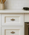 4 Pack Antique Brass Cabinet Knobs With Backplate Solid Heavy Duty Vintage Mushroom Drawer Handles For Dresser Drawers And Bi Fold Doors Retro Classic Style mounted on white kitchen cabinet drawers