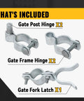 One And Three Eighths Inch Chain Link Gate Hinges Kit With Beefy Male And Female Hinges Galvanized Steel Fork Latch Fence Gate Hardware For One And Three Eighths Inch Posts And Frames Built Tough And Easy Install showing gate post hinge, gate frame hinge, and gate fork latch