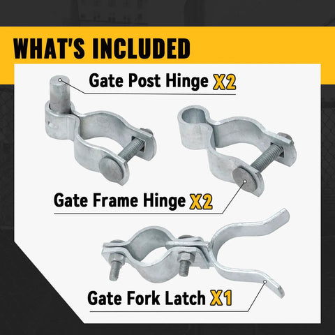 One And Three Eighths Inch Chain Link Gate Hinges Kit With Beefy Male And Female Hinges Galvanized Steel Fork Latch Fence Gate Hardware For One And Three Eighths Inch Posts And Frames Built Tough And Easy Install showing gate post hinge, gate frame hinge, and gate fork latch