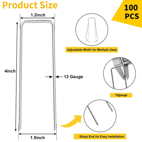 4-inch galvanized landscape staple dimensions and features, part of 100 Pack 4 Inches Galvanized Landscape Staples For Barrier Fabric Lawn Stakes U Type Heavy Duty Tough As Nails Garden Pins Reusable Outdoor Stakes For Landscaping Projects That Last Long