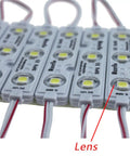 Super Bright 200 Pack 3 LED 5050 SMD Modules White Waterproof Peel And Stick Sign Lighting For Letter Signs And Advertising Displays 66 To 72LM Per Module Easy Low Power, close-up with lens, wires shown.