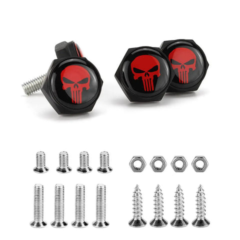 Pack Of 4 Long Tooth Skull Pattern License Plate Screws Fastener Kit Aluminum Alloy Anti Theft Caps For Cars Trucks Motorcycles And SUVs Black Or Red Finish