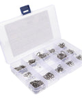 Serrated Lock Washers Set In Plastic Case, 400 Pieces Stainless Steel Internal And External Tooth Washers, shown in open storage box