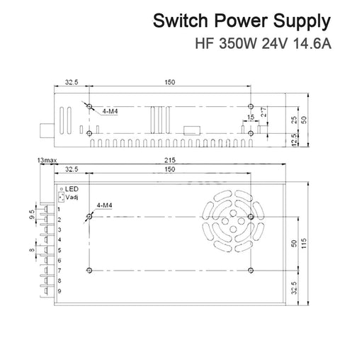 Beast 350W Switch Power Supply 24V 14.6A Single Output For Laser Machine And Solar Charge Rugged Easy Install Ideal For CNC Lasers And Off Grid Solar Projects. dimensioned metal housing drawing