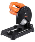 7 1/4 Inch Metal Chop Saw With 1200W Motor, 4000 RPM, black base, orange handle, stainless steel cold cut blade, angled view.