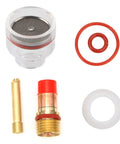 Gas Lens TIG Torch Kit for Arc Welding, high-heat resistant collets, nozzle, back gasket, washer, silicone rings, and parts.