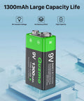 4 Pack Rechargeable 9V Batteries Featuring 1300mAh Lithium Ion Juice And Usb C Built In Port With Led Charging Lights, showing a single battery.
