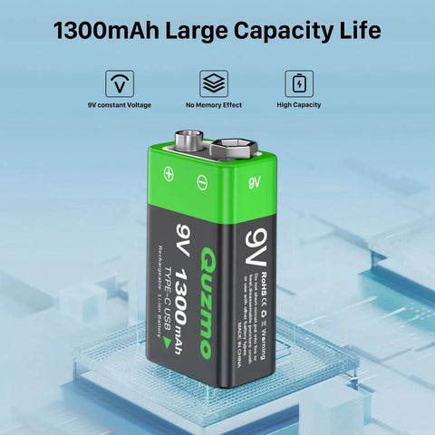 4 Pack Rechargeable 9V Batteries Featuring 1300mAh Lithium Ion Juice And Usb C Built In Port With Led Charging Lights, showing a single battery.