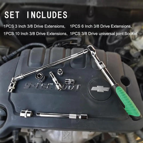 3/8 Inch Drive Extension Bar Set With Universal Joint Socket on car engine, includes 3, 6, and 10 inch extensions, chrome plated
