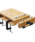 Portable Workbench With Sturdy Beech Vise Includes Wood Clamp Four Bench Dogs And Two Clips Extendable Sides For Solid Garage Studio Setup Ideal Woodworking Table Vice Tools For No Fuss Quick And Easy Projects, showing beech wood build with clamps and bench dogs.