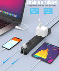 Surge Protector Power Strip With USB C Ports, 5 Outlets And 3 USB Ports, 5 Ft Braided Cord charging multiple devices.