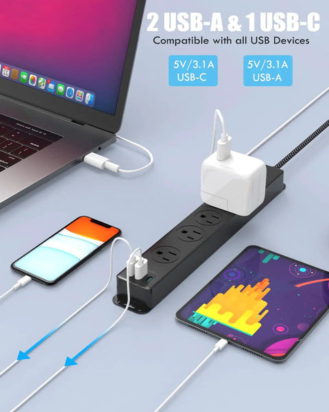 Flat Plug Dope Surge Protector With 5 Outlets, 2 USB A Ports And 1 USB C Port, 10 Ft Braided Extension Cord in use with devices