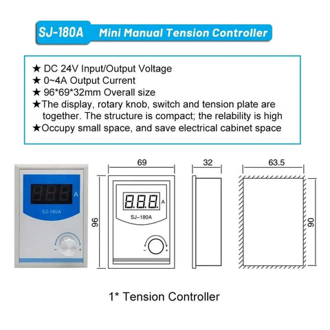 SJ-180A Mini Manual Tension Controller diagram and dimensions, showcasing compact design for efficient space use in electrical cabinets.