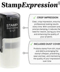 Self Inking Rubber Stamp With Straight Up Bold Black Ink And Badass Clear Clock Face Design, showing detailed features and dust cover.