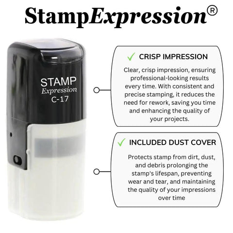 Self Inking Rubber Stamp With Straight Up Bold Black Ink And Badass Clear Clock Face Design, showing detailed features and dust cover.