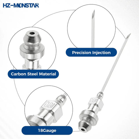 Precision injection needle with carbon steel material, 18 gauge, featured in Grease Gun Accessory Kit With 90 Degree Coupler One Eighth Inch Fittings Needle Nozzles Sleeves And A 12 Inch Hose For Tight Spots And Hard To Reach Fittings Pro Grade Lubrication Tool