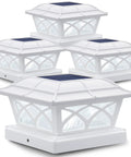 Solar Post Cap Lights For 4x4 5x5 6x6 Posts - Outdoor Glass Lens, white design, showing solar panel top, pack of 4