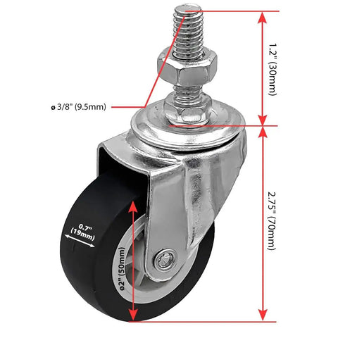 Heavy Duty Swivel Caster Wheels With Polyurethane Tread 2 Inch Diameter with 3/8 inch threaded stem dimensions and black rubber tread