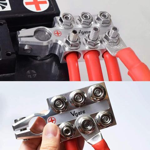 Pro Level Heavy Duty Rock Solid Battery Terminal Clamps Pair 12 Way Power Distribution Block For 8 Awg To 4/0 Xl Cable with red cables.
