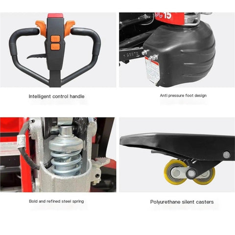 Heavy Duty Electric Pallet Jack Truck With Lithium Battery For Indoor Moves features control handle, anti-pressure foot design, steel spring, and silent casters.