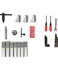 Precision Metal Lathe Benchtop Mini Machine accessories including tools, bits, and collets for precision machining tasks.