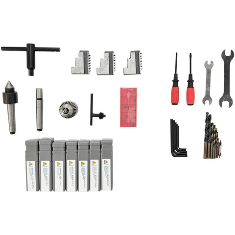 Precision Metal Lathe Benchtop Mini Machine accessories including tools, bits, and collets for precision machining tasks.
