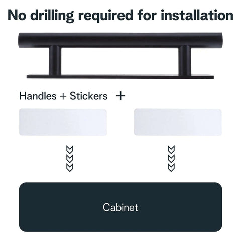4 Pack Self Stick Cabinet Handles Pulls No Drill Install ABS Plastic Drawer Pulls, black handle and adhesive setup guide.