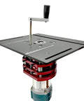 Premium Rock Solid Manual Router Lift System With Table Saw Insert Base Plate showcasing the height adjustment lever and durable aluminum plate.