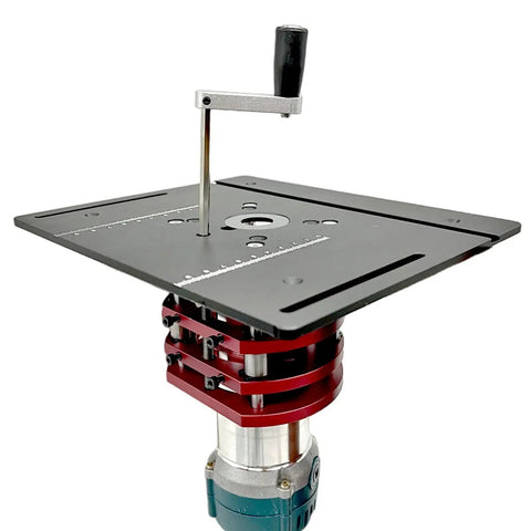 Premium Rock Solid Manual Router Lift System With Table Saw Insert Base Plate showcasing the height adjustment lever and durable aluminum plate.