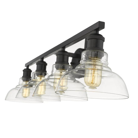 Four Light Bath Vanity Fixture With Industrial Black Finish, Damp Location Safe, Slick Modern Carver Style Bathroom Lighting detail