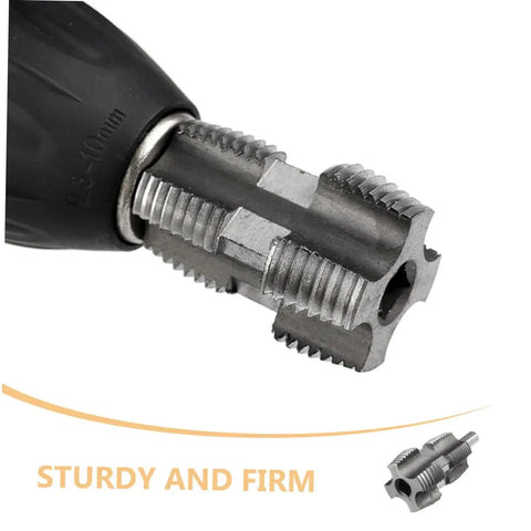 Close-up of BESPORTBLE PPR PVC Pipe Threading Tool, sturdy steel adapter for electric drill and manual use, ideal for water pipes.