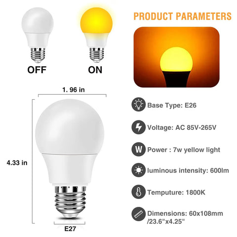 Illustration of Amber A19 Light Bulbs 9W 60W Equivalent Soft Warm 1800K Dimmable showing dimensions and parameters