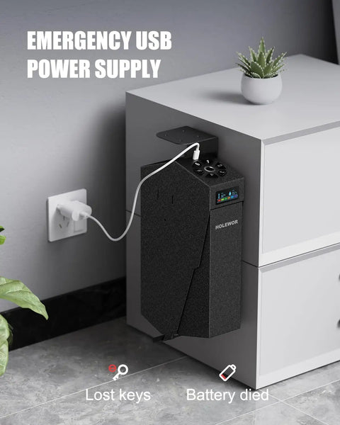 Slick Drop Down Biometric Gun Safe Featuring Lcd Temperature And Humidity Display For Dead Nuts Secure Handgun Storage Plug And Play Bedside Desk Mount Gotta Have Quick Access Firearm Security mounted beside a nightstand.